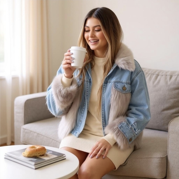 Fashion Nova Jackets & Blazers - Nova Luxe “Are You Fur Real?” Oversized Denim Jacket – Frost Queen Edition L